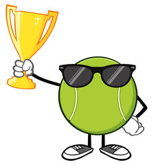 Tennis Ball Faceless Cartoon Mascot Character With Sunglasses Holding A Trophy Cup