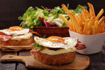 Sandwich with cheese bacon and fried egg