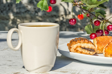 Breakfast in the garden on a summer morning, close-up