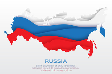 Map of Russia in Russian flag colors with shadow effect. Origami Vector design illustration.