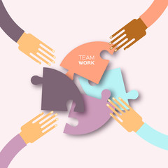 Obraz premium Four hands together team work. 4 Hands putting circle puzzle pieces. Teamwork and business concept. Hands of different colors, cultural and ethnic diversity. Vector illustration