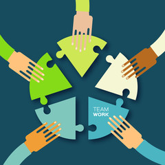 Five hands together team work. Hands putting circle puzzle pieces. Teamwork and business concept. Hands of different colors, cultural and ethnic diversity. Vector illustration