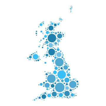 United Kingdom map mosaic of circles in various sizes. Blue dotted vector map on white background.