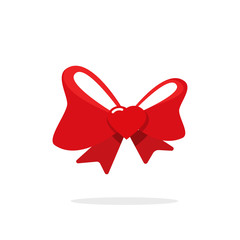 Red gift bow ribbon with heart vector illustration in flat cartoon style, isolated on white background