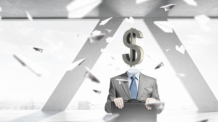 Dollar headed man . Mixed media