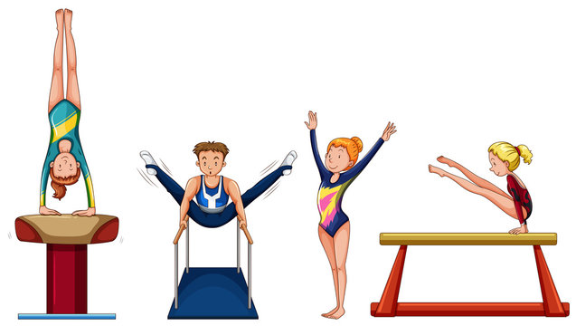 People doing gymnastics on different equipment