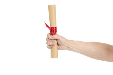 Diploma with a red ribbon in hand
