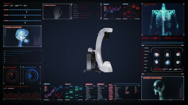 C Arm X-Ray Machine Scanner in digital display dashboard, medical diagnosis technology.