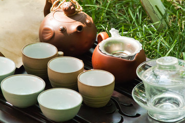 bowl, teapot, grass