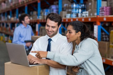 Fototapeta premium smiling workers pointing at laptop