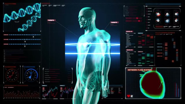 Scanning body. Rotating Human lungs, Pulmonary Diagnostics in digital display dashboard. Blue X-ray light.