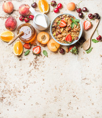 Healthy breakfast ingredients. Bowl of oat granola with milk, fresh fruit, berries and honey