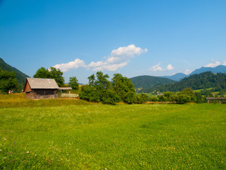 Summer hilly landscape withe green field, forests, blue sky and white clouds, Julian Alps, Slovenia