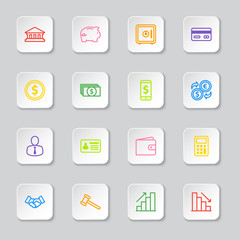colorful line business commercial and finance icon set on white rounded rectangle button for web design, user interface (UI), infographic and mobile application (apps)