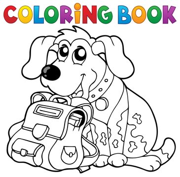 Coloring book dog with schoolbag theme 1