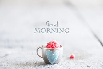 Coffee mug with raspberries - good morning text, Mothers day