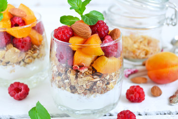 Homemade yogurt with granola apricots, peaches and raspberries o