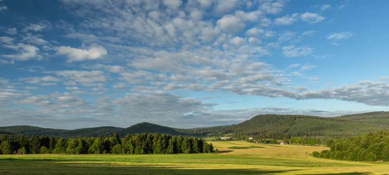 View on Sumava mountain on summer cloudy day in the in Sumava, South Bohemia.