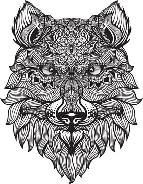 Detail zentangle wolf for coloring page,tattoo, t shirt design effect and logo