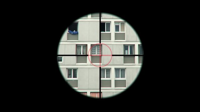 Terrorist Sniper Telescopic Sight Aiming Someone. A sniper rifle is a man-portable, high precision, shoulder-fired rifle designed to ensure more accurate shooting at longer ranges.