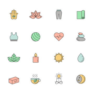 Yoga and spa multicolored icon vector set. Clean and simple outline design.