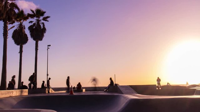 los angeles famous venice beach skate park sunset panorama 4k time lapse usa

