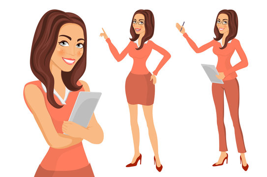 portrait of beautiful woman standing with arms folded. Business Girl. young women in elegant office clothes art vector
