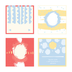 Bright abstract square cards, hand drawn with brush and stripes, brush blobs and smears. Pink, yellow, blue accents. Vector illustration set, good for print or presentation design with text holders