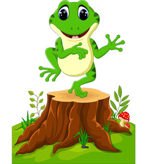 Cartoon funny frog sitting on tree stump