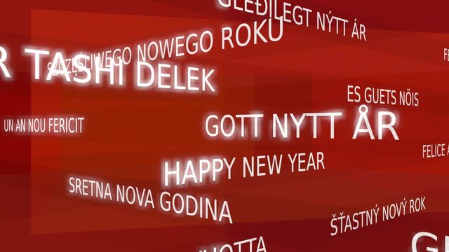 Happy new year, multilingual - blue variant, loop able, 3D rendering, UHD