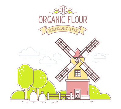Vector illustration of color yellow and red  windmill and green