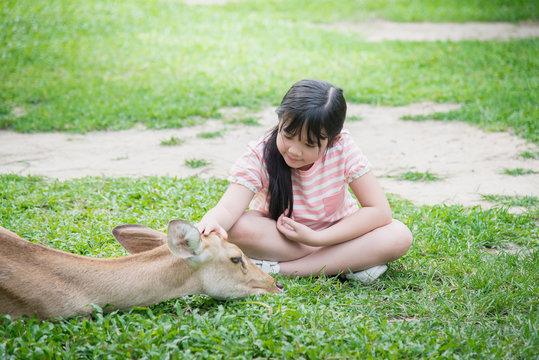 Beautiful Asian girl consolating antelope