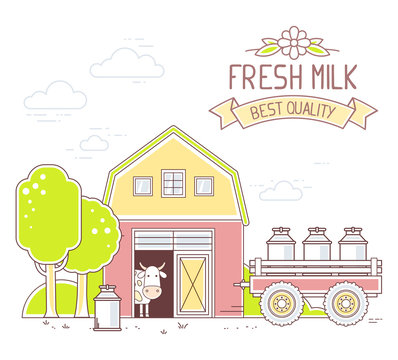 Agribusiness.Vector illustration of colorful milk farm life with