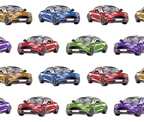 Seamless pattern with colorful sport cars. Original hand drawn painting.