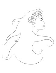 vector illustration profile face of beautiful girl in wreath with long hair on white background