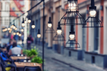 Lamps beautiful design in a restaurant on a street in the old to