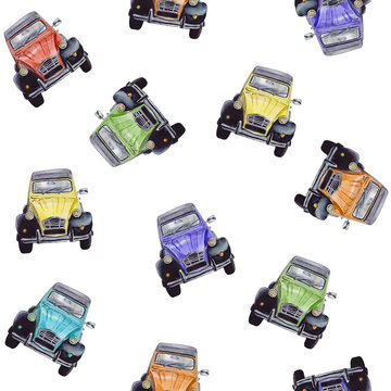 Seamless pattern with colorful vintage cars. Original hand drawn painting.