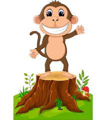 Cartoon illustration monkey playing in the forest