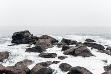 Landscape rocky tropical beach.