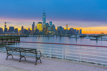 New York skyline of Manhattan, Lower Manhattan and World Trade Center, Freedom Tower across Hudson River from Harismus Cover, Newport, New Jersey