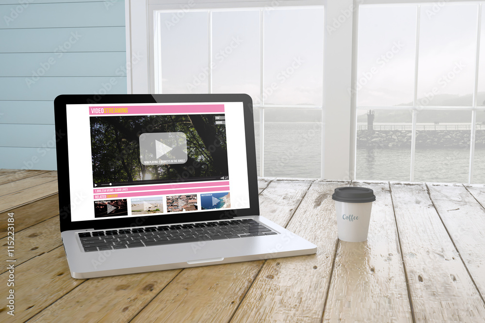 Poster laptop with video streaming on screen with port background and c