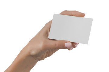 Business card in female hand isolated at white background.