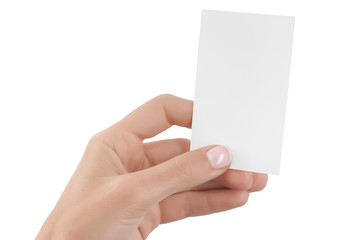 Business card in female hand isolated at white background.