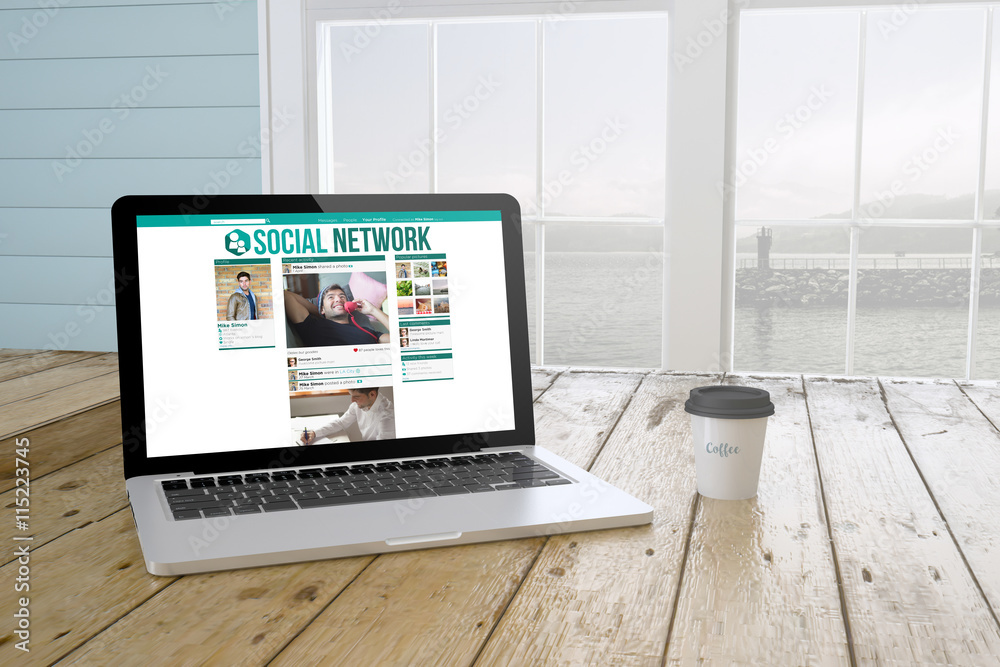Canvas Prints laptop with social media profile on screen with port background
