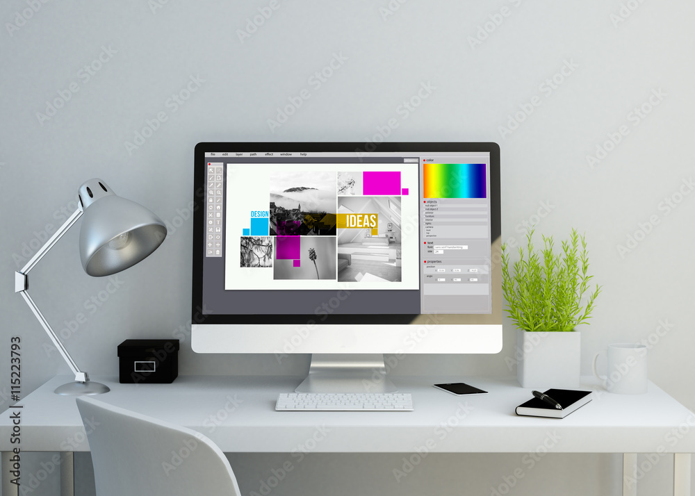 Wall mural modern clean workspace with graphic design software on screen