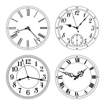 Editable vector clock faces. Arabic and roman numerals. Round shape. Easily remove and replace hands and design.