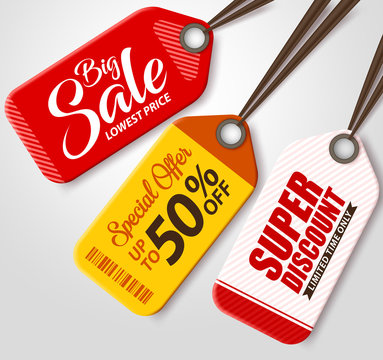 Vector Sale Tags Set with Different Colors Hanging in White Background for Promotions and Discounts. Vector Illustration
