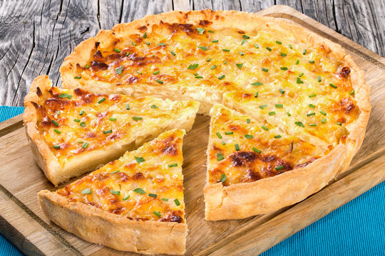 French onion cheese quiche, view from above, close-up