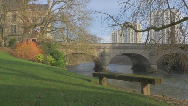 Beautiful resting place on river Sarthe in city of Alencon, Normandy France 4K 2160p UHD footage - Beautiful river relaxing scene in Lower Normandy French town of Alencon 4K 3840X2160 UHD video 