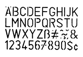 Black vector grunge stencil alphabet and numbers on white background